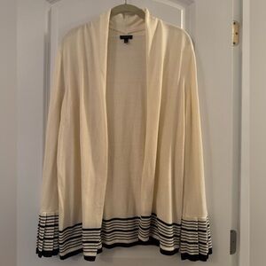 NWOT. Talbots Cream Cardigan with Blue Navy Striped Hem and accordion sleeves.